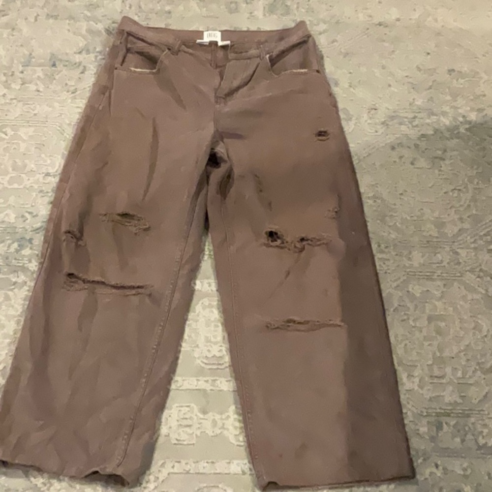 Distressed Brown Wide-Leg Pants